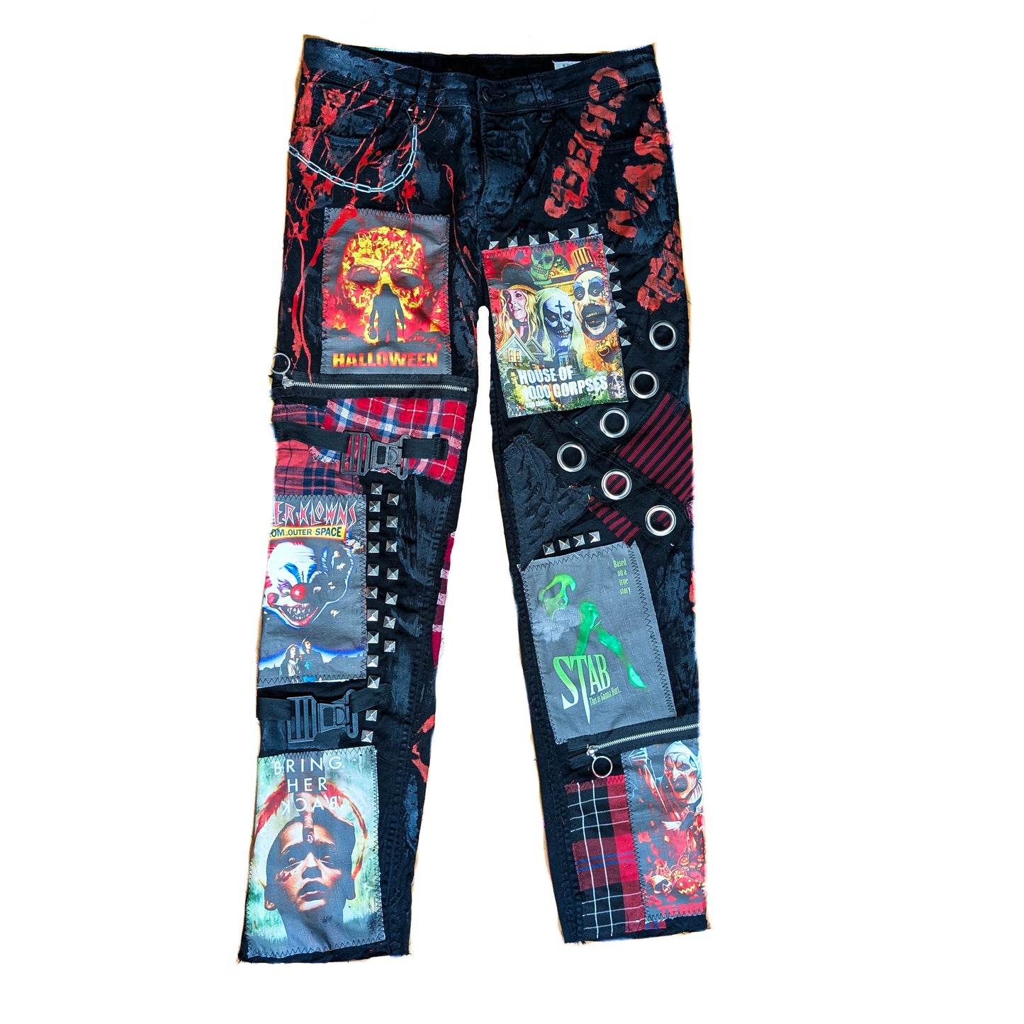 Handmade Horror Patchwork Pants, Distressed Punk Goth with Movie Patches, Chains&Studs, Grunge Alternative