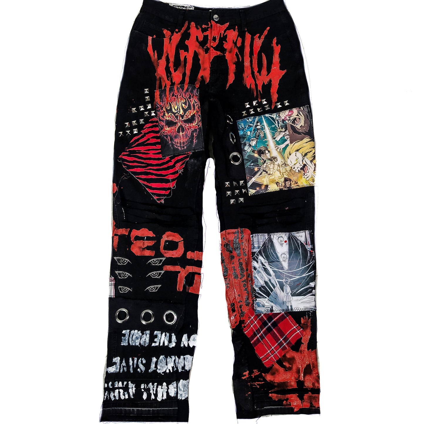 Custom handmade edgy red skull punk rock ripped goth metal emo dark abstract patchwork streetwear designer 1of1 jeans