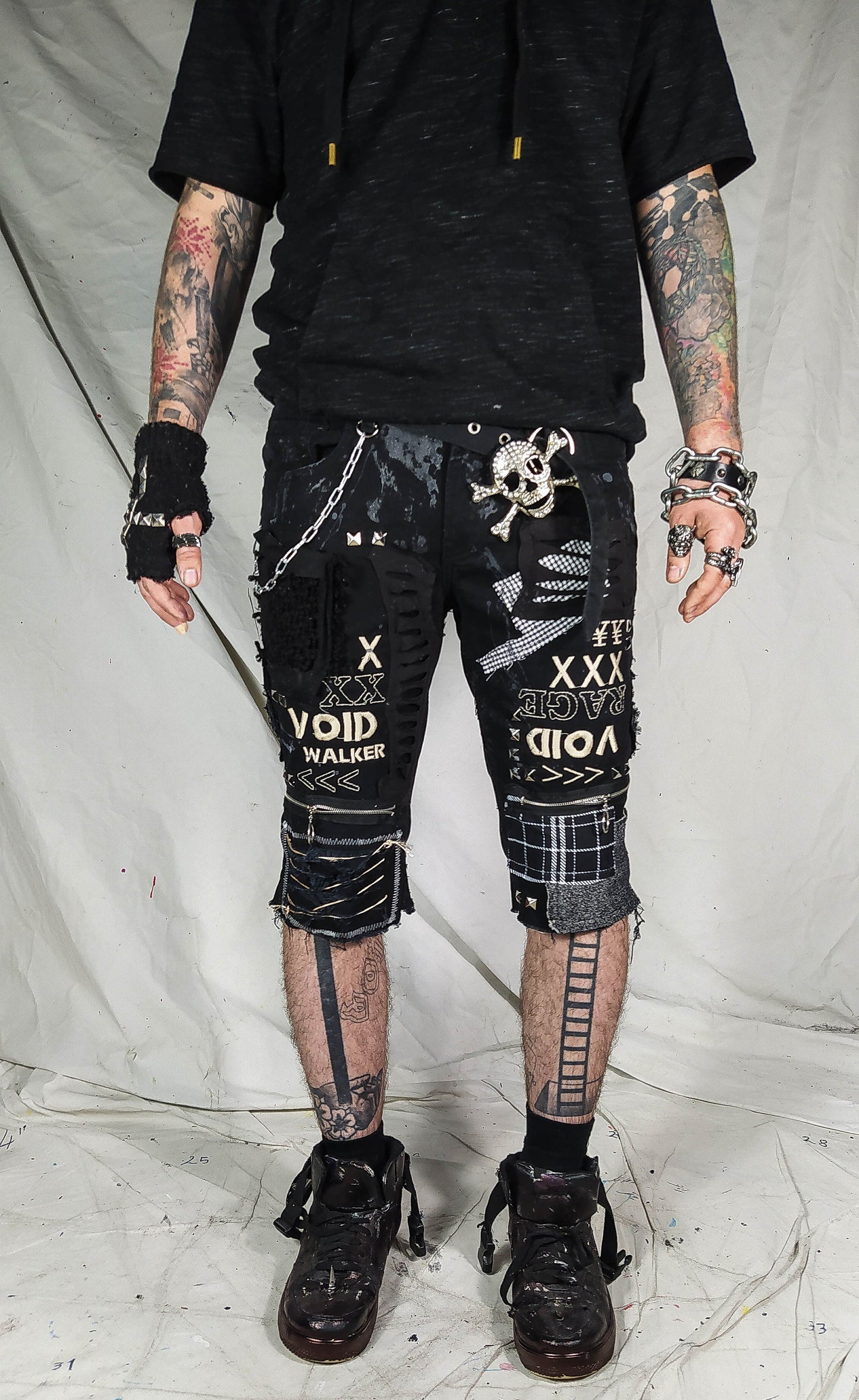Custom handmade shorts punk rock goth emo metal cyber dark ripped weird chain crust summer festival cyber jorts jeans