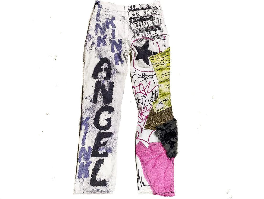 28" Unique Handmade Jeans Custom scene rave punk rock goth emo metal cyberpunk tribal symbol graphic print crust cool fantasy festival y2k
