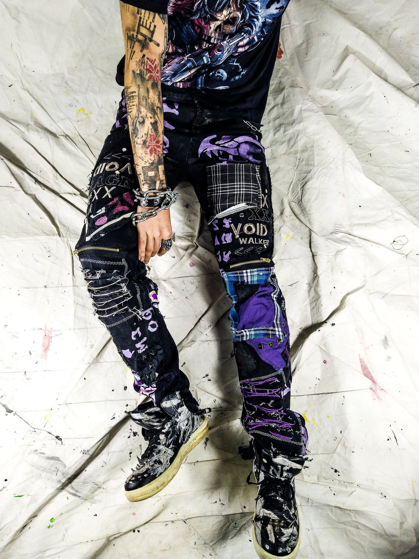 Custom purple punk rock goth emo metal cyber dark ripped crazy weird funky crust festival jeans vegan cyber