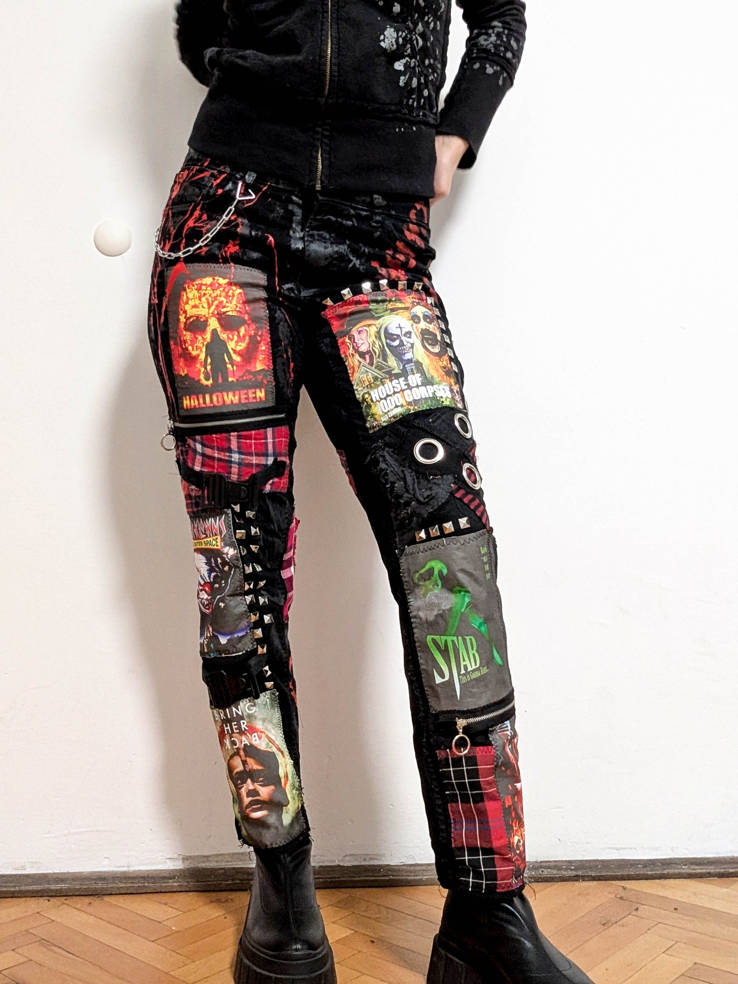 Handmade Horror Patchwork Pants, Distressed Punk Goth with Movie Patches, Chains&Studs, Grunge Alternative