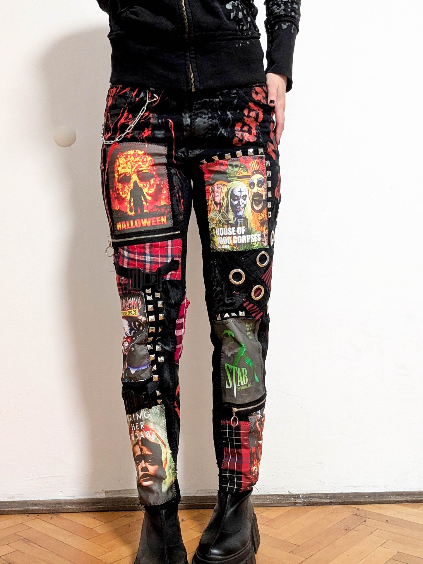 Handmade Horror Patchwork Pants, Distressed Punk Goth with Movie Patches, Chains&Studs, Grunge Alternative