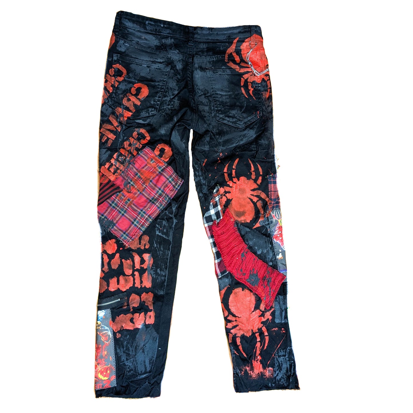Handmade Horror Patchwork Pants, Distressed Punk Goth with Movie Patches, Chains&Studs, Grunge Alternative