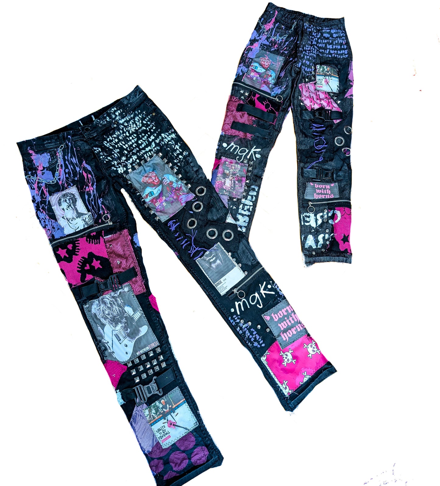 Custom punk patchwork pants MGK inspired - 2000s pop-punk and alternative rock stage aesthetics