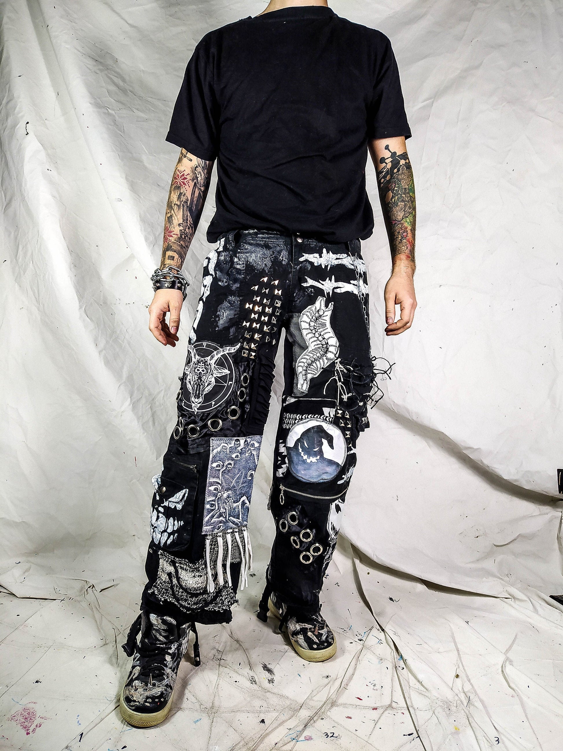 Custom handmade punk rock goth emo metal black dark satanic patchworked alternative streetwear crust festival pants vegan cyber