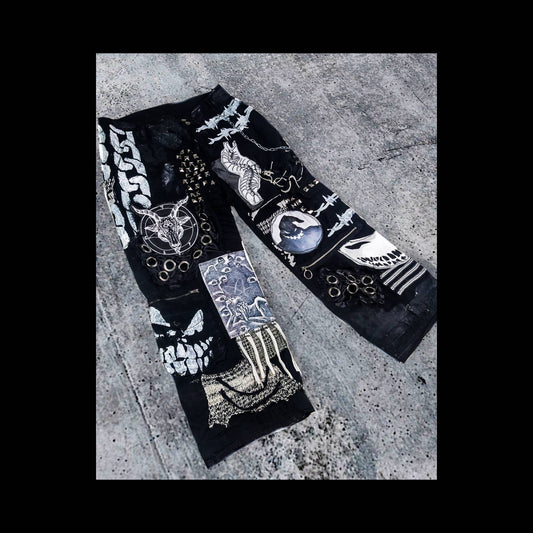 Custom handmade punk rock goth emo metal black dark satanic patchworked alternative streetwear crust festival pants vegan cyber