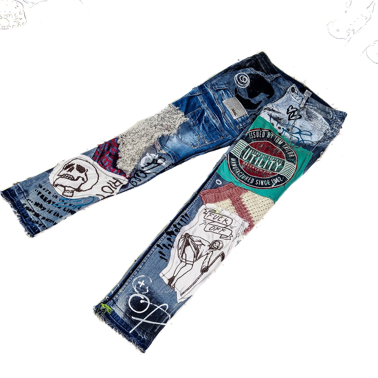 30" Handmade 1of1 Moreriot Collage Pop Punk Rock Crust Pants Vegan Cyber Y2k Jeans Funky Kitsch Blue Skull Grunge Scene Rave