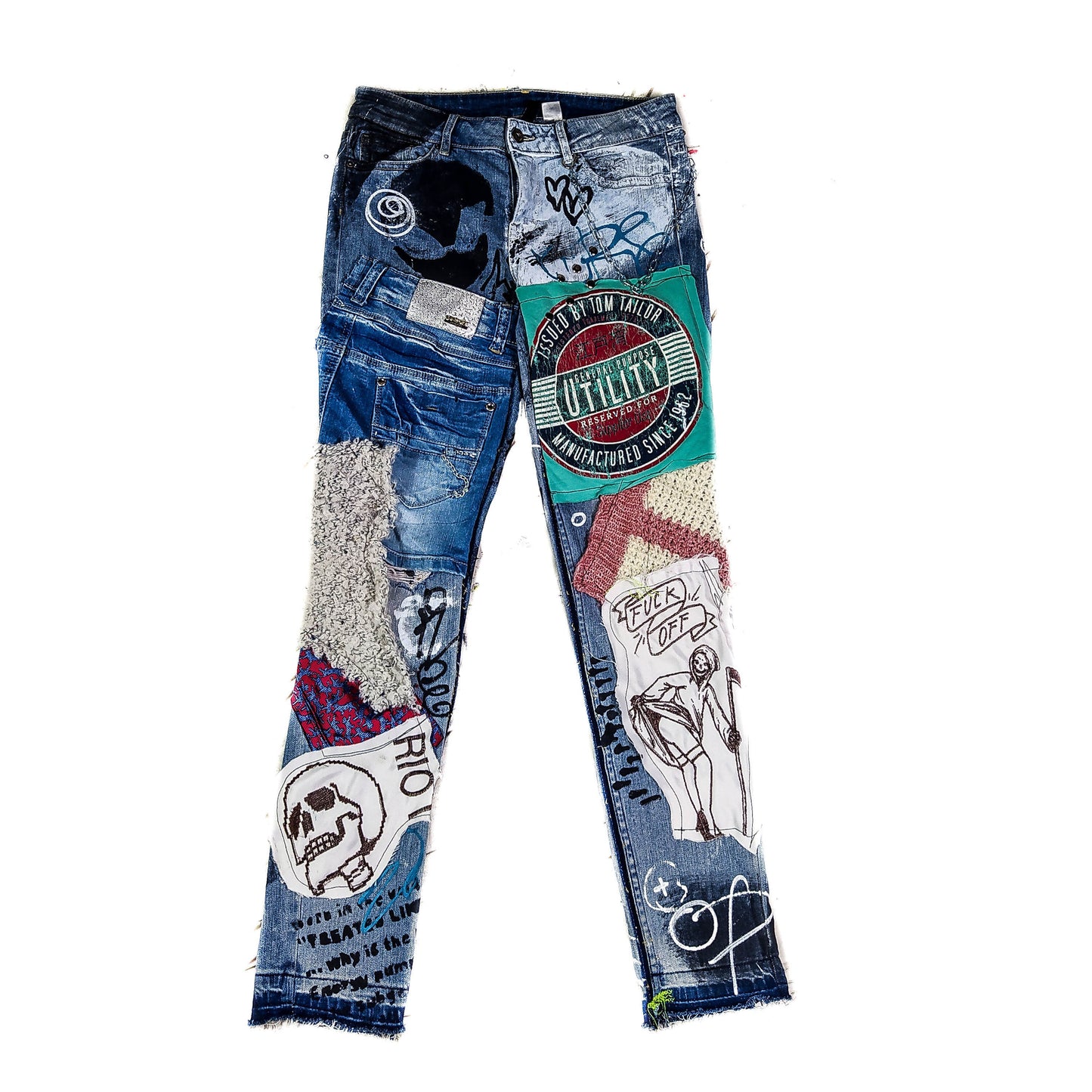 30" Handmade 1of1 Moreriot Collage Pop Punk Rock Crust Pants Vegan Cyber Y2k Jeans Funky Kitsch Blue Skull Grunge Scene Rave