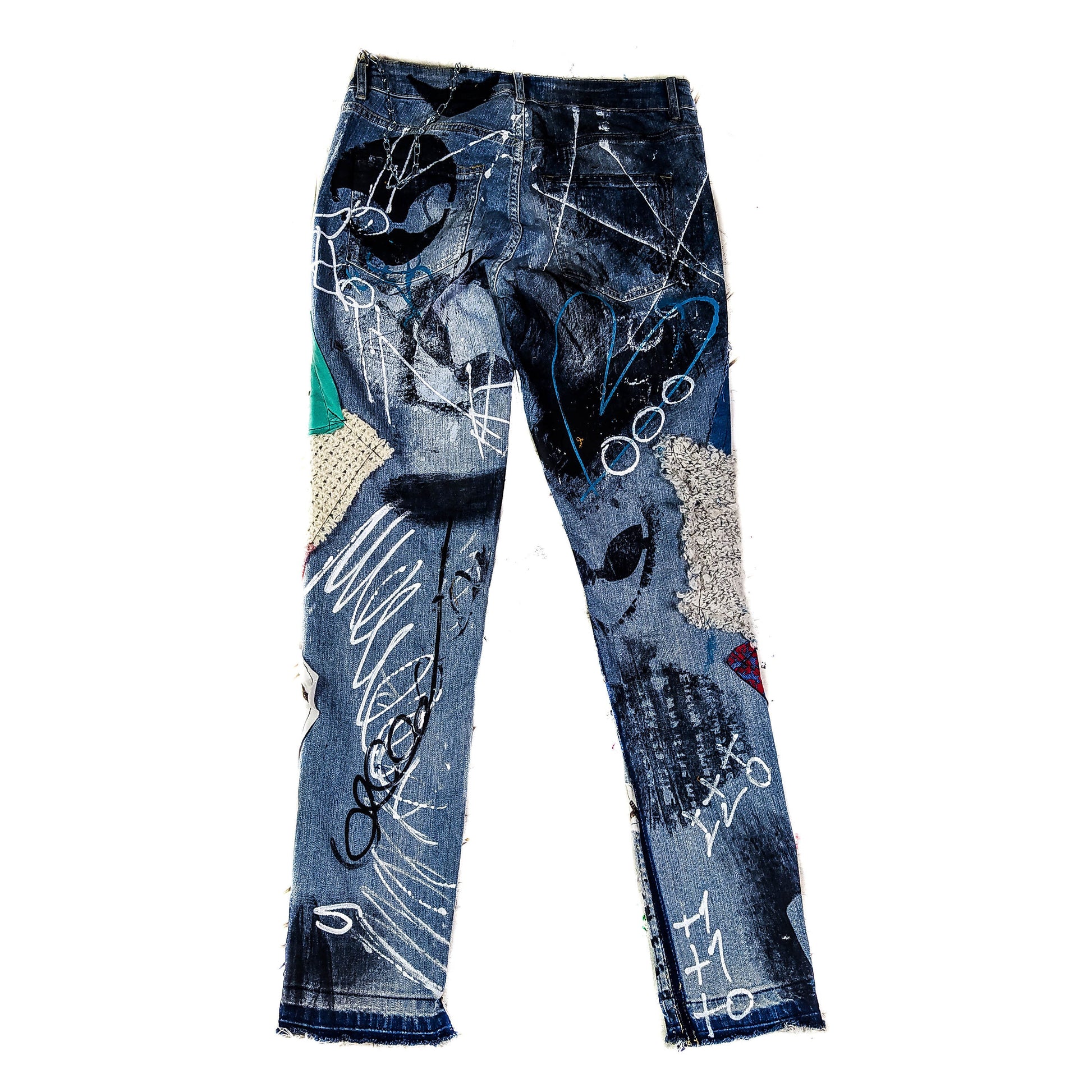 30" Handmade 1of1 Moreriot Collage Pop Punk Rock Crust Pants Vegan Cyber Y2k Jeans Funky Kitsch Blue Skull Grunge Scene Rave