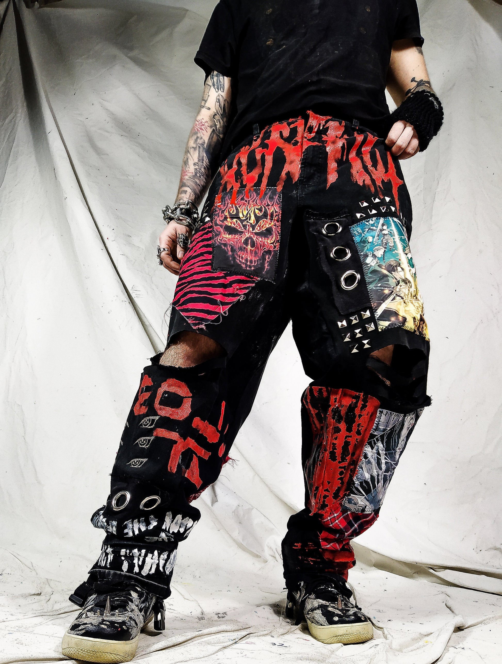 Custom handmade edgy red skull punk rock ripped goth metal emo dark abstract patchwork streetwear designer 1of1 jeans