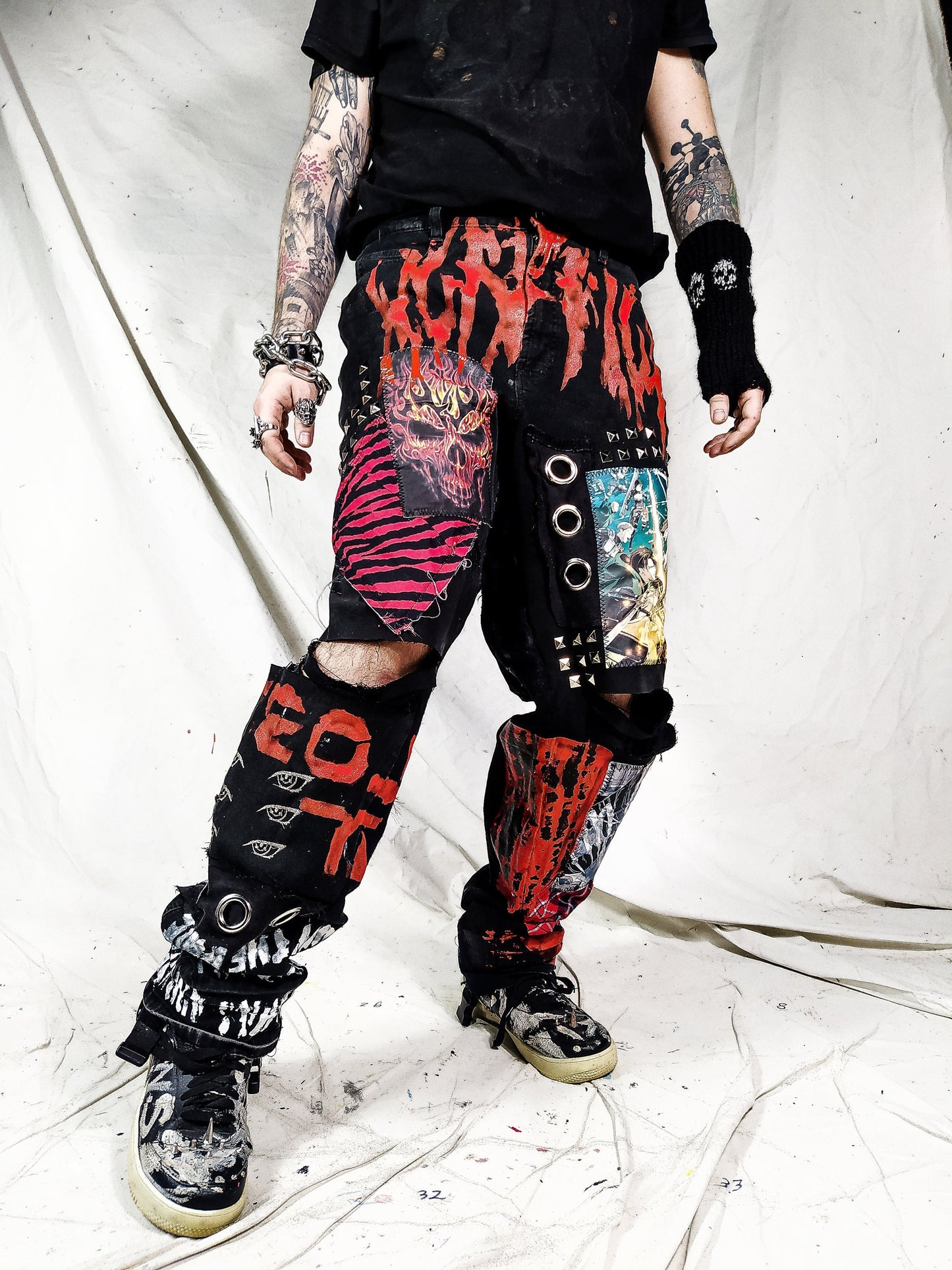 Custom handmade edgy red skull punk rock ripped goth metal emo dark abstract patchwork streetwear designer 1of1 jeans