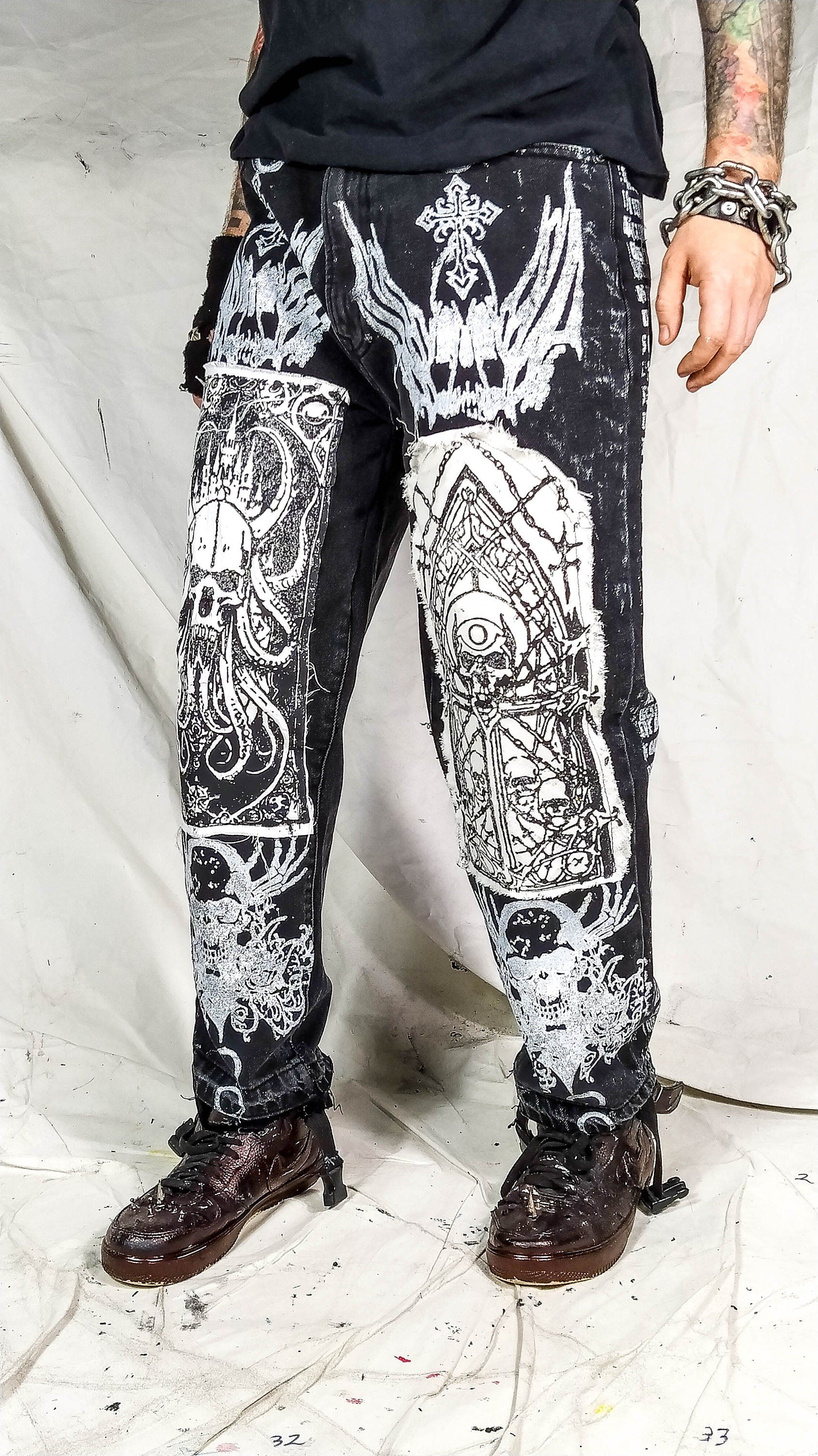 Custom handmade print skull punk rock illustration goth metal emo dark abstract patchwork streetwear designer 1of1 fantasy jeans