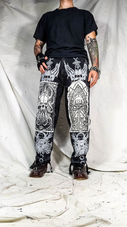 Custom handmade print skull punk rock illustration goth metal emo dark abstract patchwork streetwear designer 1of1 fantasy jeans