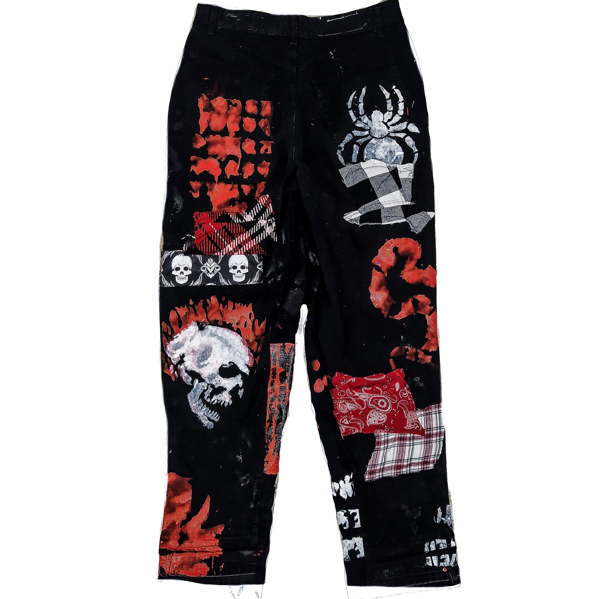 Custom handmade edgy red skull punk rock ripped goth metal emo dark abstract patchwork streetwear designer 1of1 jeans