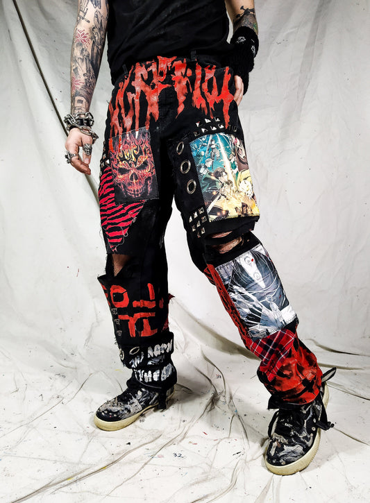 Custom handmade edgy red skull punk rock ripped goth metal emo dark abstract patchwork streetwear designer 1of1 jeans