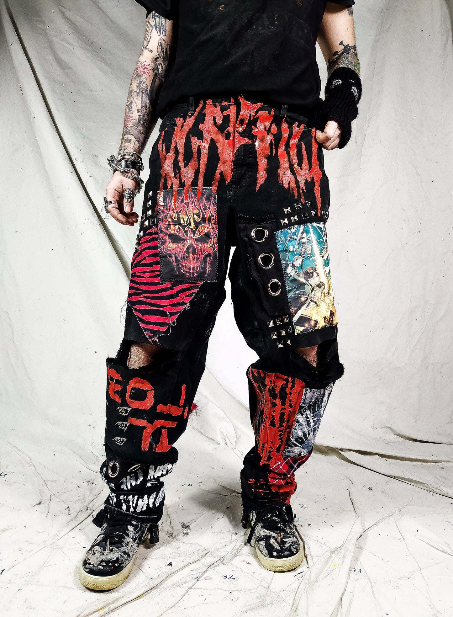 Custom handmade edgy red skull punk rock ripped goth metal emo dark abstract patchwork streetwear designer 1of1 jeans