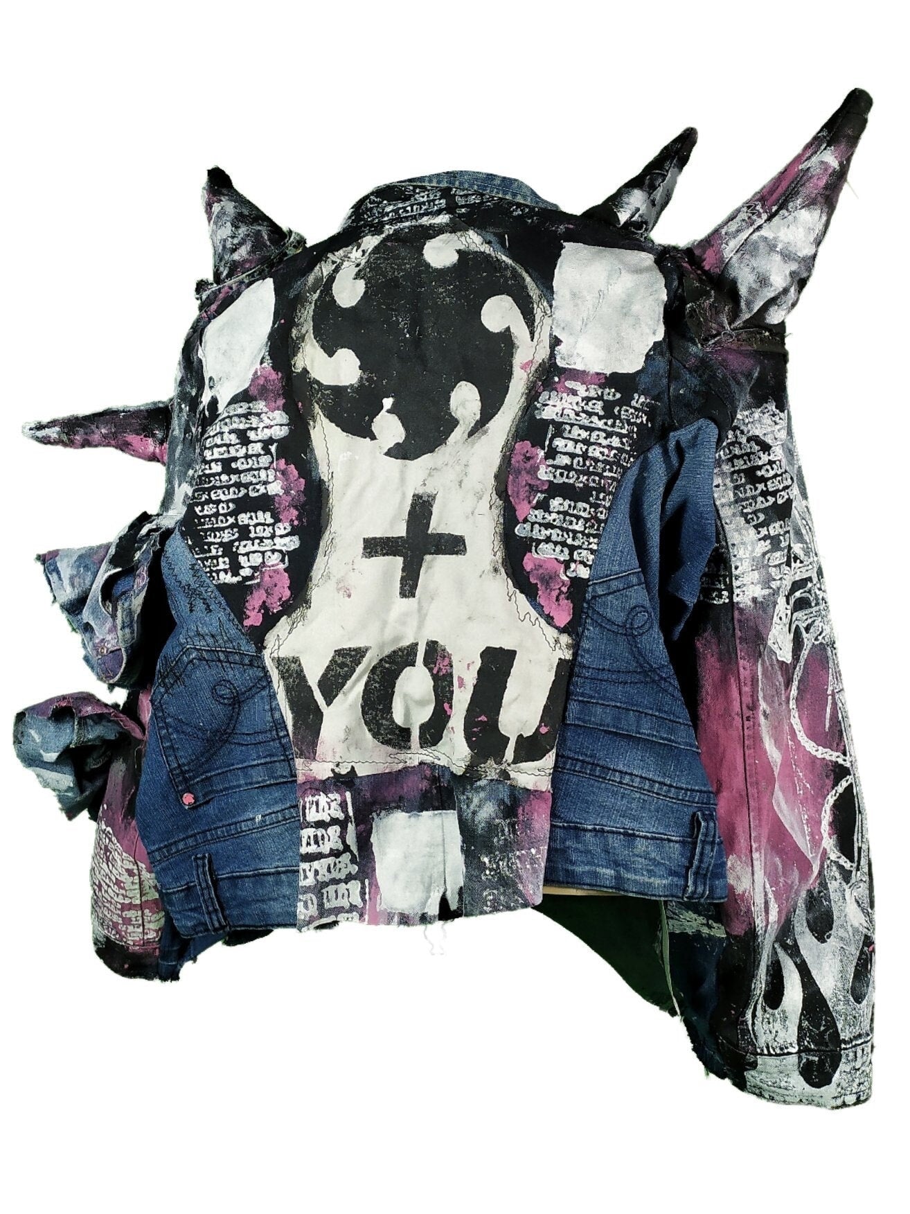 L-XL Unique handmade hooded custom flames punk goth fantasy emo studs rave festival spikes rockstar skull apocalyptic cool denim jacket pink