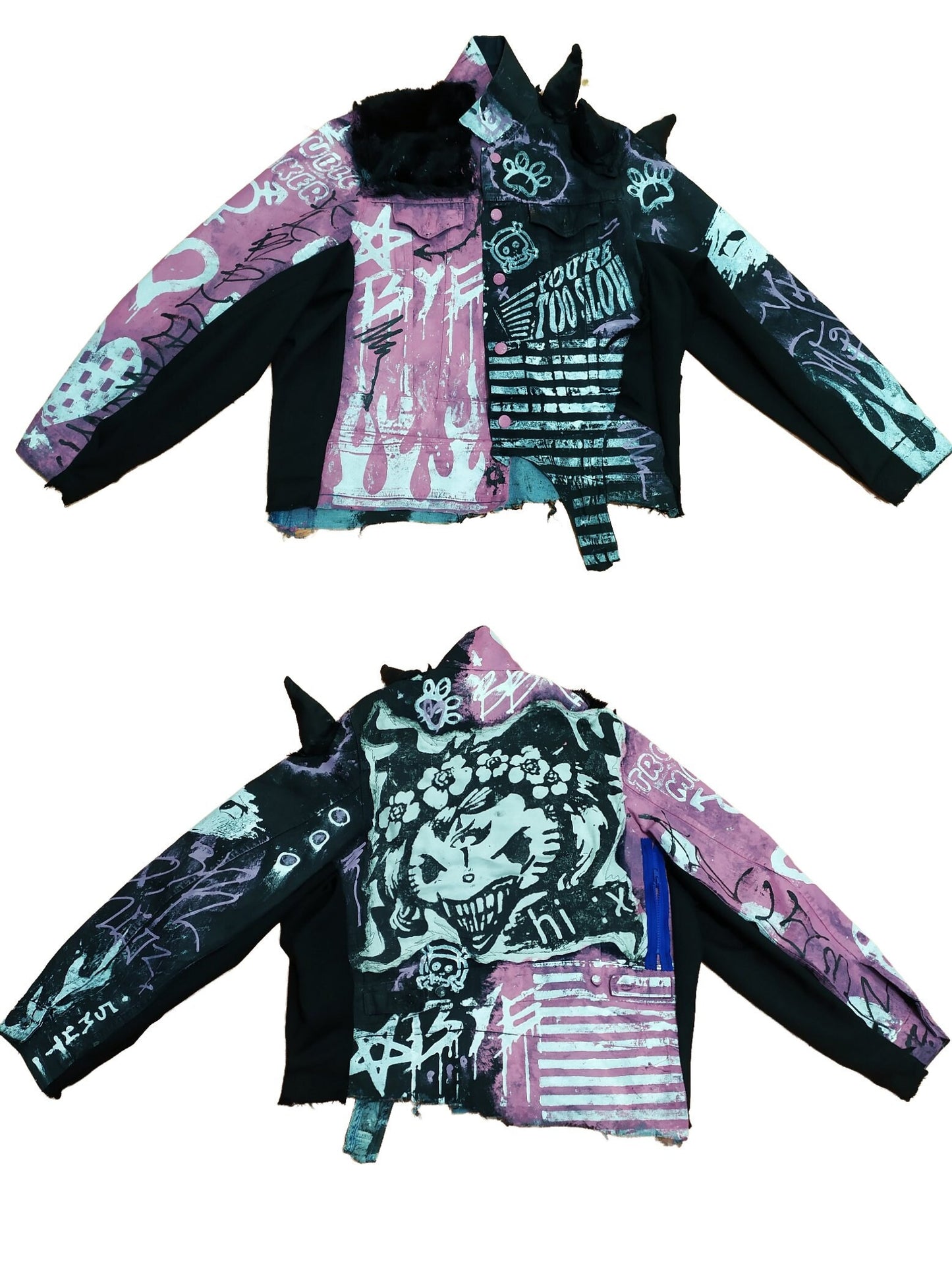 XL Unique handmade emo custom punk rock goth fantasy furry queer rave festival star y2k skull anime hello cool alt patch kitty pride jacket