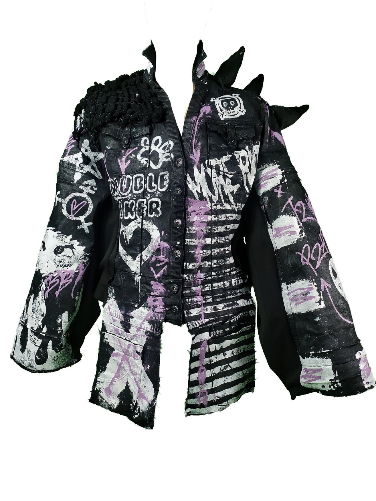 XL Unique handmade emo y2k custom punk goth fantasy fire queer rave festival star y2k skull anime girl cool alt patch spikes pride jacket