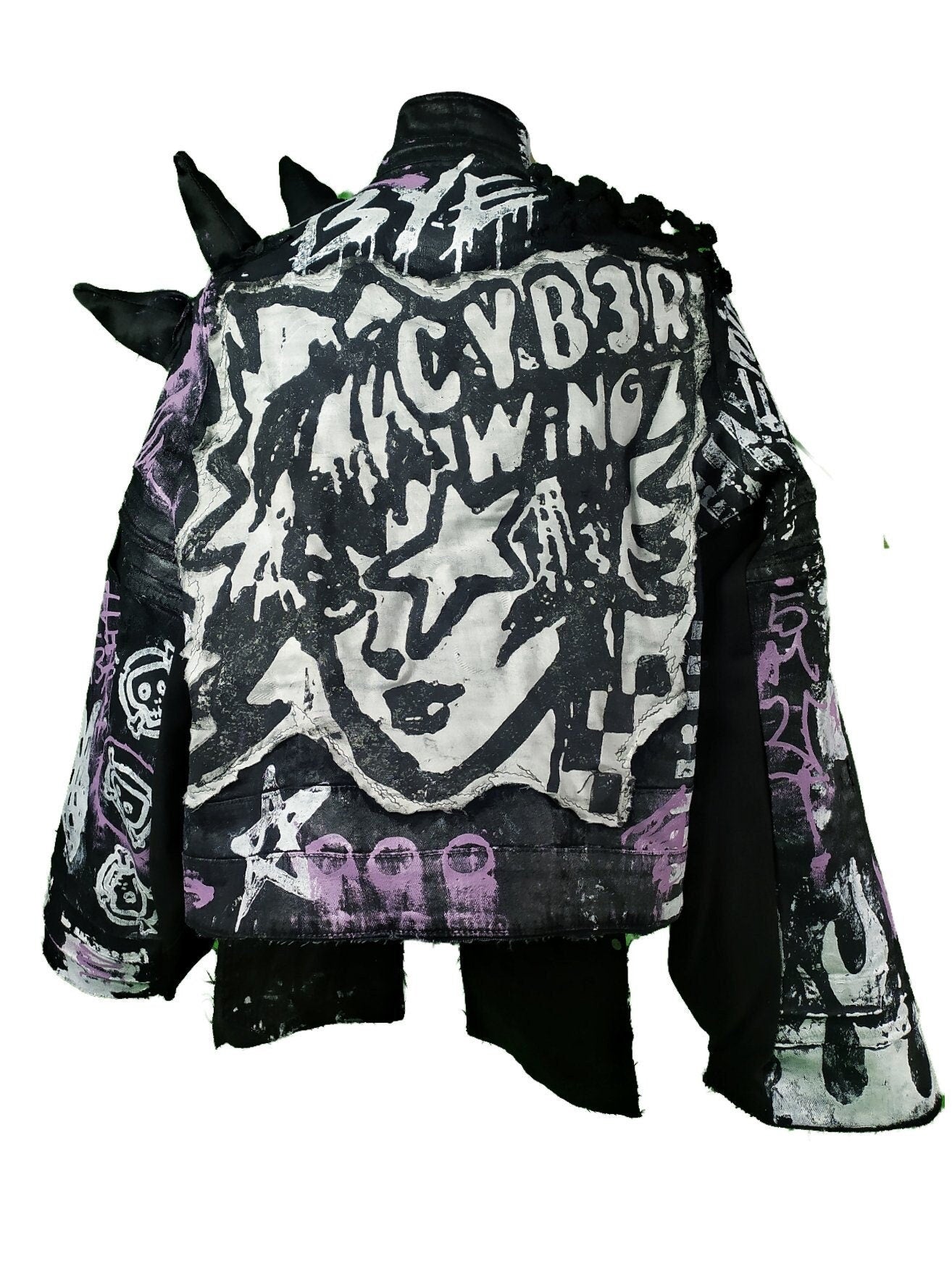 XL Unique handmade emo y2k custom punk goth fantasy fire queer rave festival star y2k skull anime girl cool alt patch spikes pride jacket