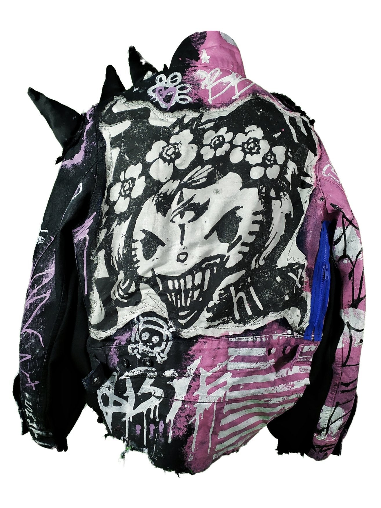 XL Unique handmade emo custom punk rock goth fantasy furry queer rave festival star y2k skull anime hello cool alt patch kitty pride jacket