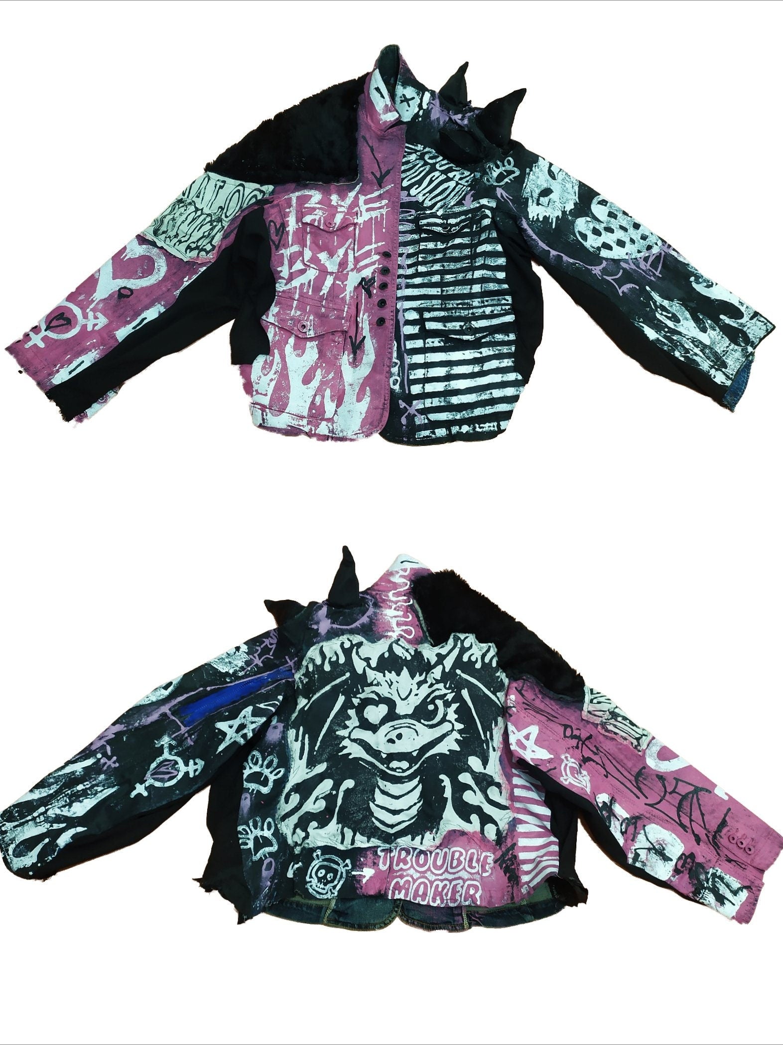 XL Unique handmade emo custom punk rock goth fantasy furry queer rave festival star y2k skull anime dragon cool alt patch baby pride jacket