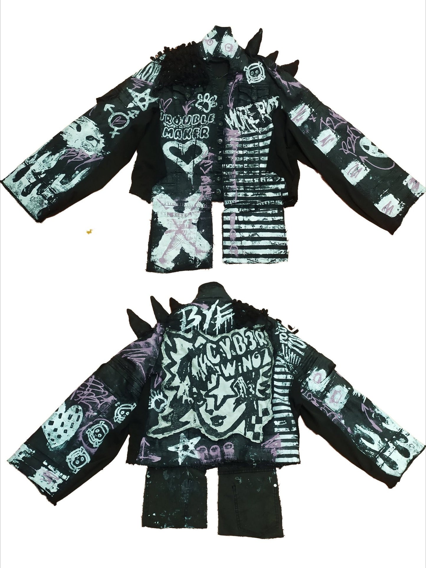 XL Unique handmade emo y2k custom punk goth fantasy fire queer rave festival star y2k skull anime girl cool alt patch spikes pride jacket