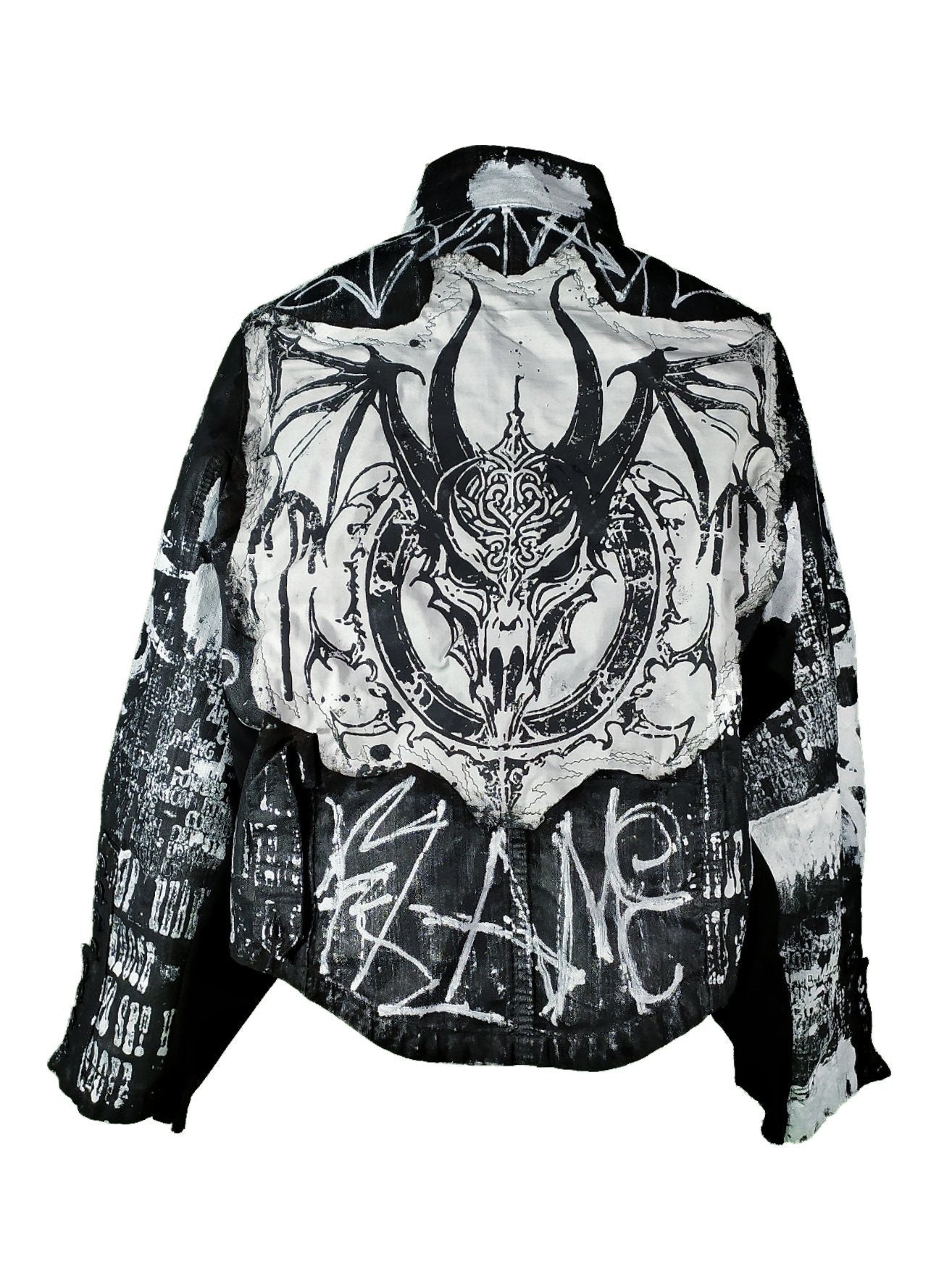 M Unique handmade dragon custom tribal punk goth fantasy emo metal rave festival concert rockstar skull anime cool denim occult jacket