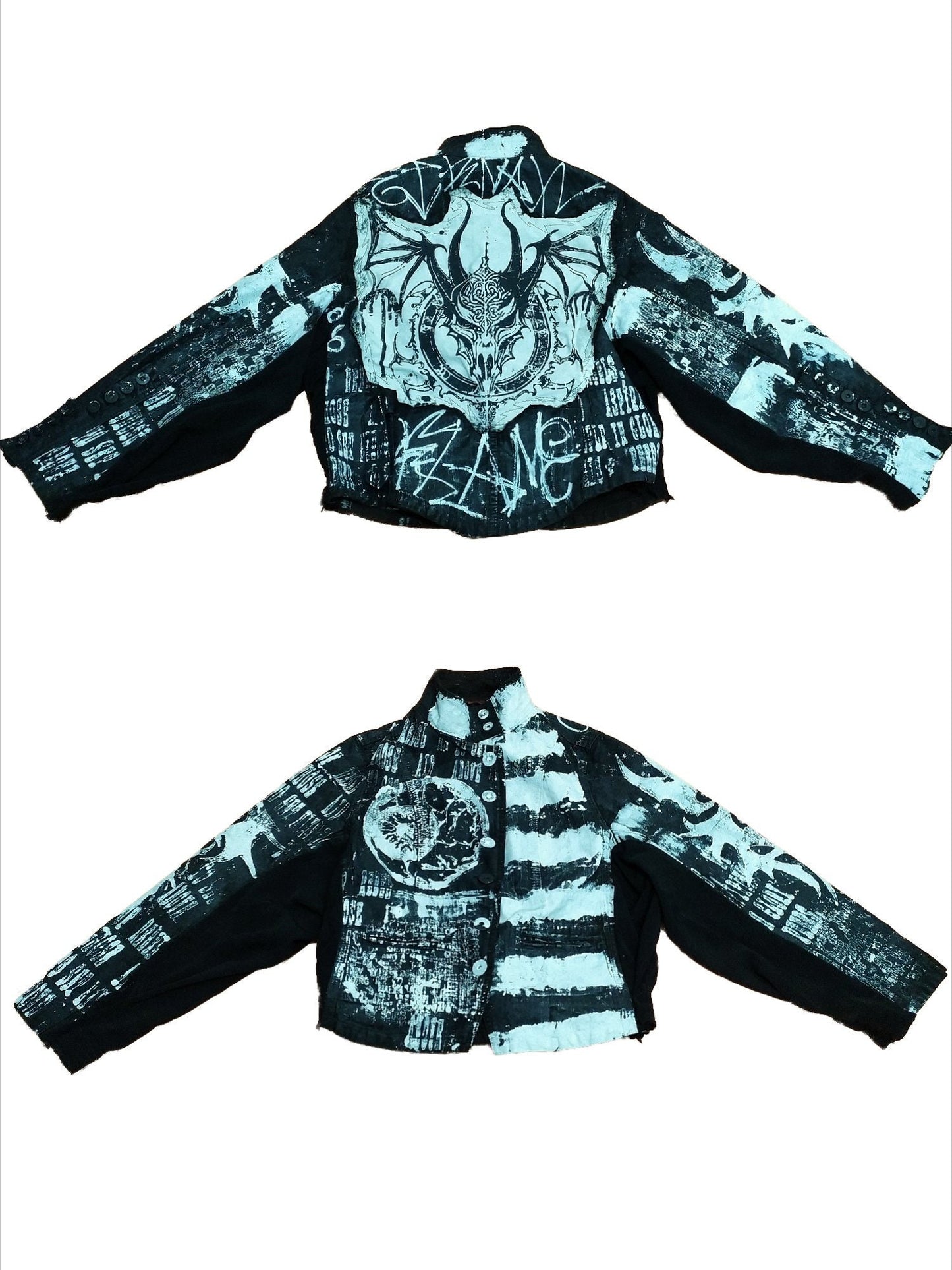 M Unique handmade dragon custom tribal punk goth fantasy emo metal rave festival concert rockstar skull anime cool denim occult jacket