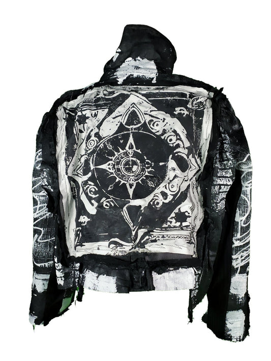 L-XL Crop Unique handmade blazer custom castle punk goth fantasy emo metal rave festival diamond rockstar skull anime cool denim jean jacket