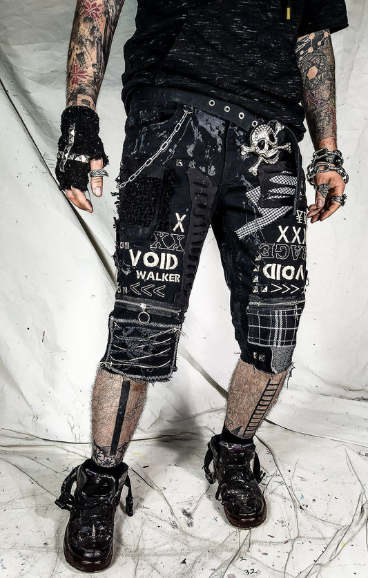 Custom handmade shorts punk rock goth emo metal cyber dark ripped weird chain crust summer festival cyber jorts jeans