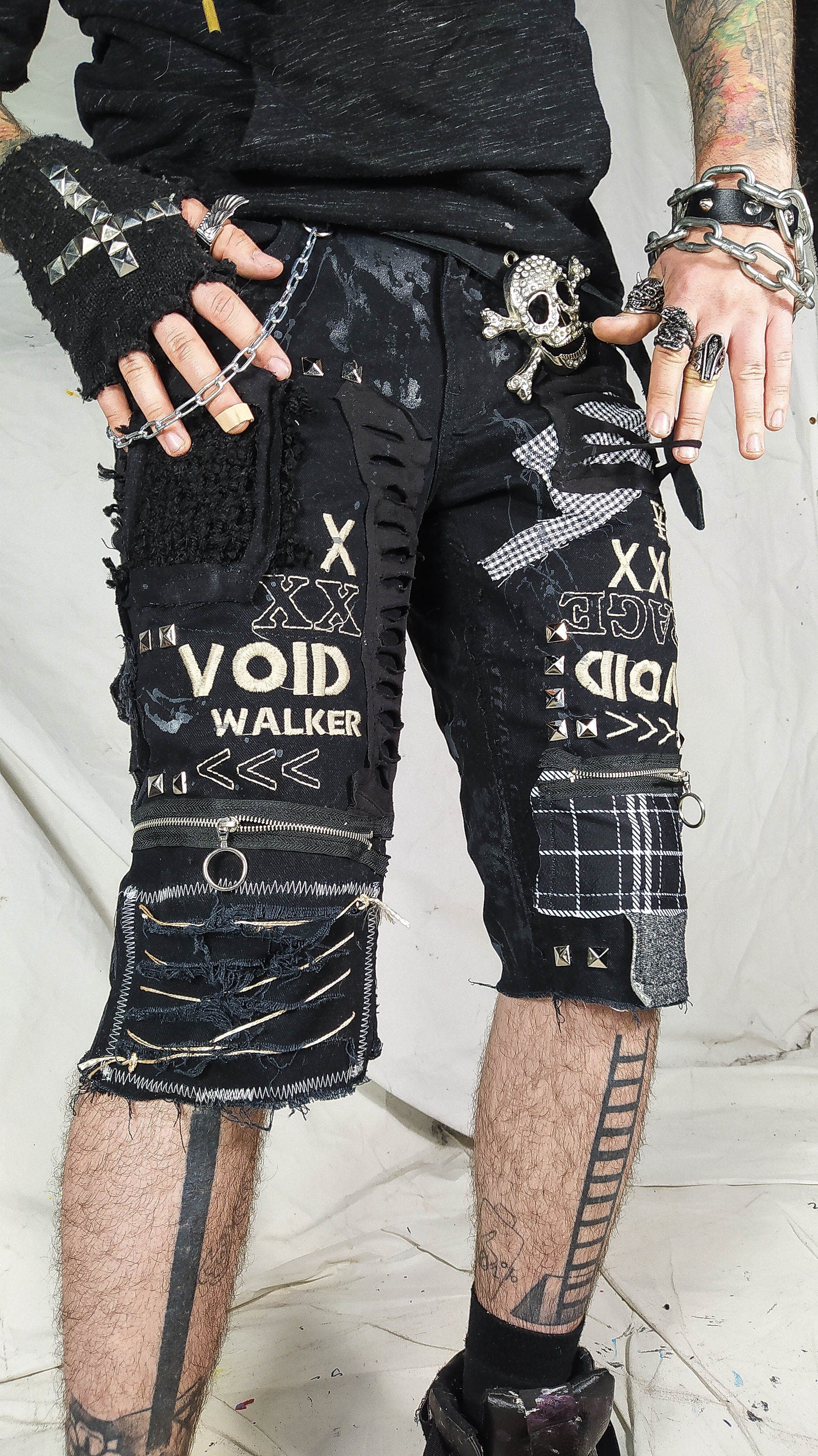 Custom handmade shorts punk rock goth emo metal cyber dark ripped weird chain crust summer festival cyber jorts jeans