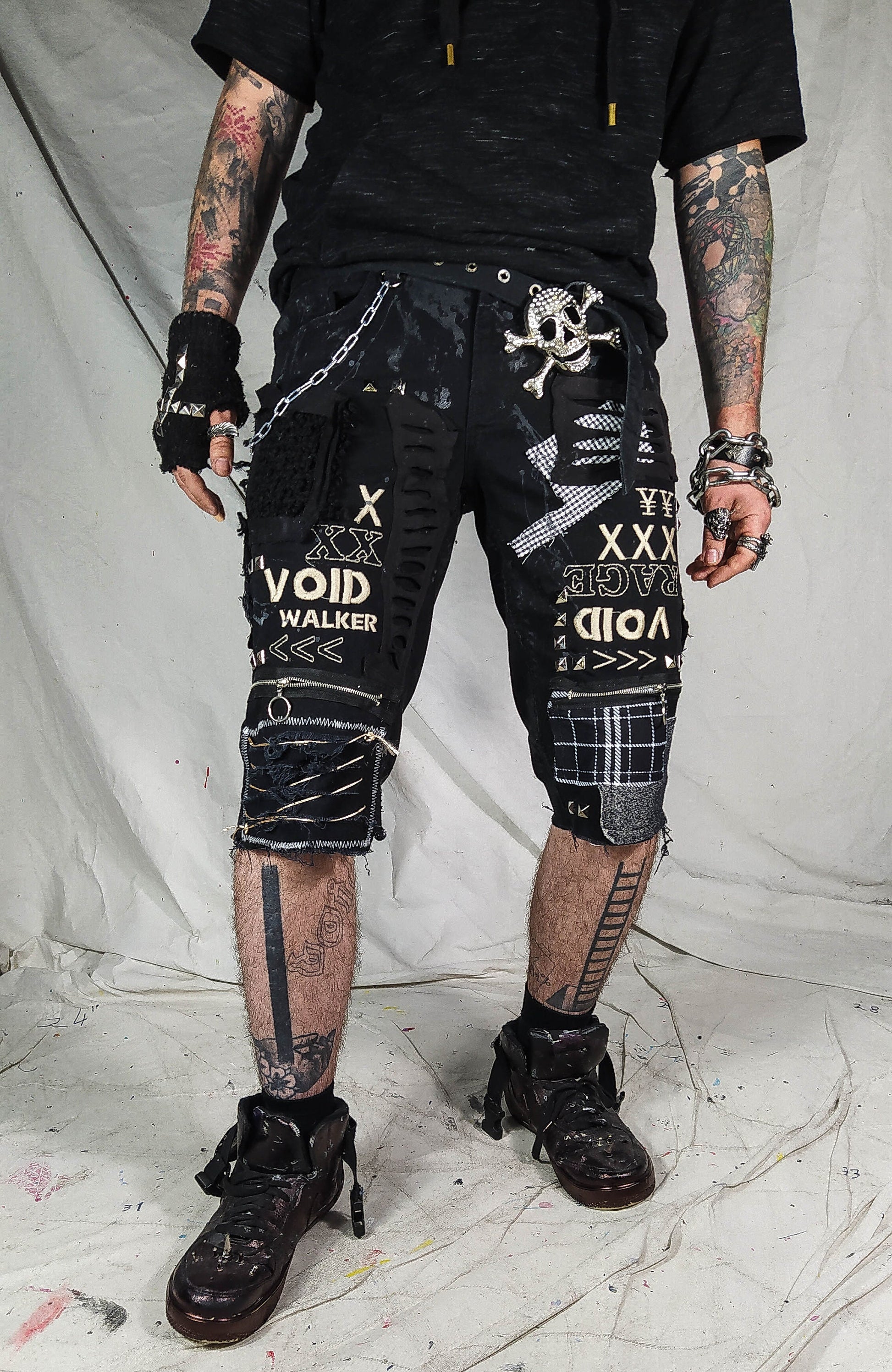 Custom handmade shorts punk rock goth emo metal cyber dark ripped weird chain crust summer festival cyber jorts jeans