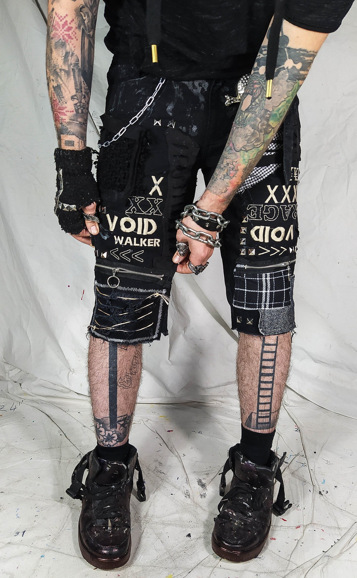 Custom handmade shorts punk rock goth emo metal cyber dark ripped weird chain crust summer festival cyber jorts jeans