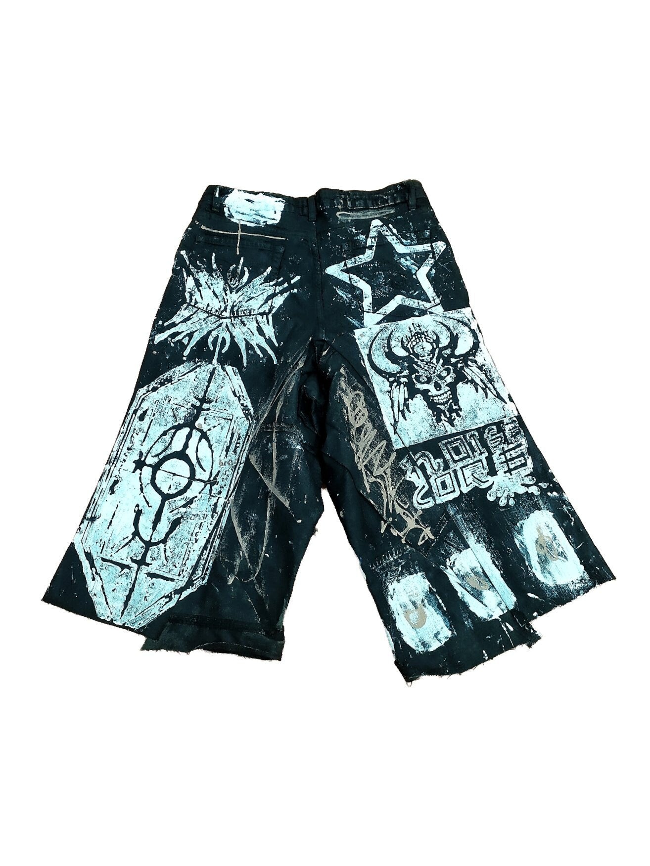 31" Baggy Unique Shorts Handmade Custom punk rock goth emo metal cyber dark tribal symbol graphic cool rave fantasy festival jeans jorts