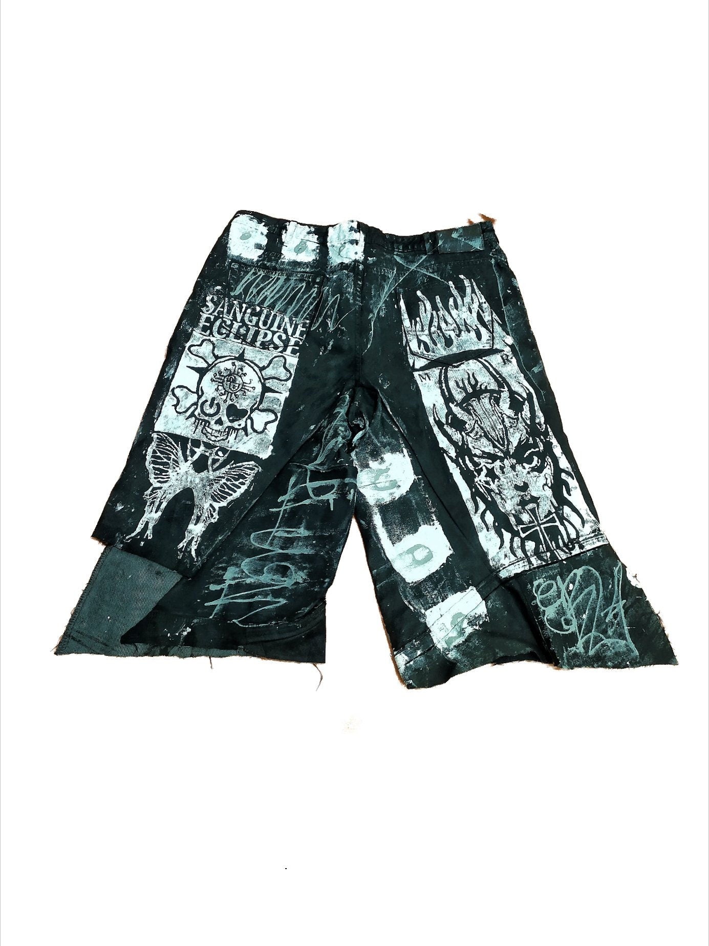 42" Baggy Unique Shorts Handmade Custom punk rock goth emo metal cyber dark tribal symbol graphic cool rave fantasy festival jeans jorts