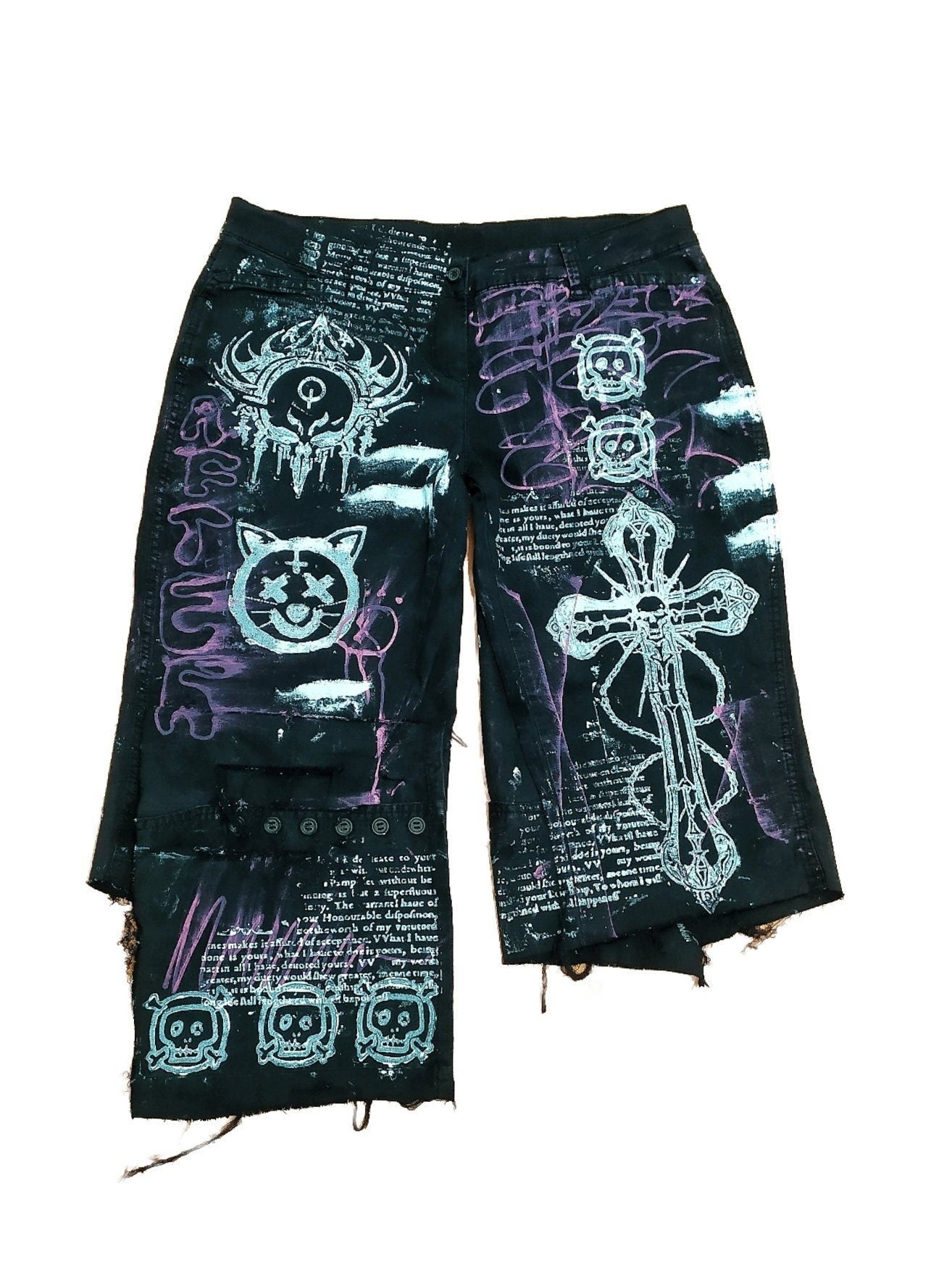 34" Baggy Unique Shorts Handmade Custom punk rock goth emo metal cyber dark tribal symbol graphic cool rave fantasy festival jeans jorts