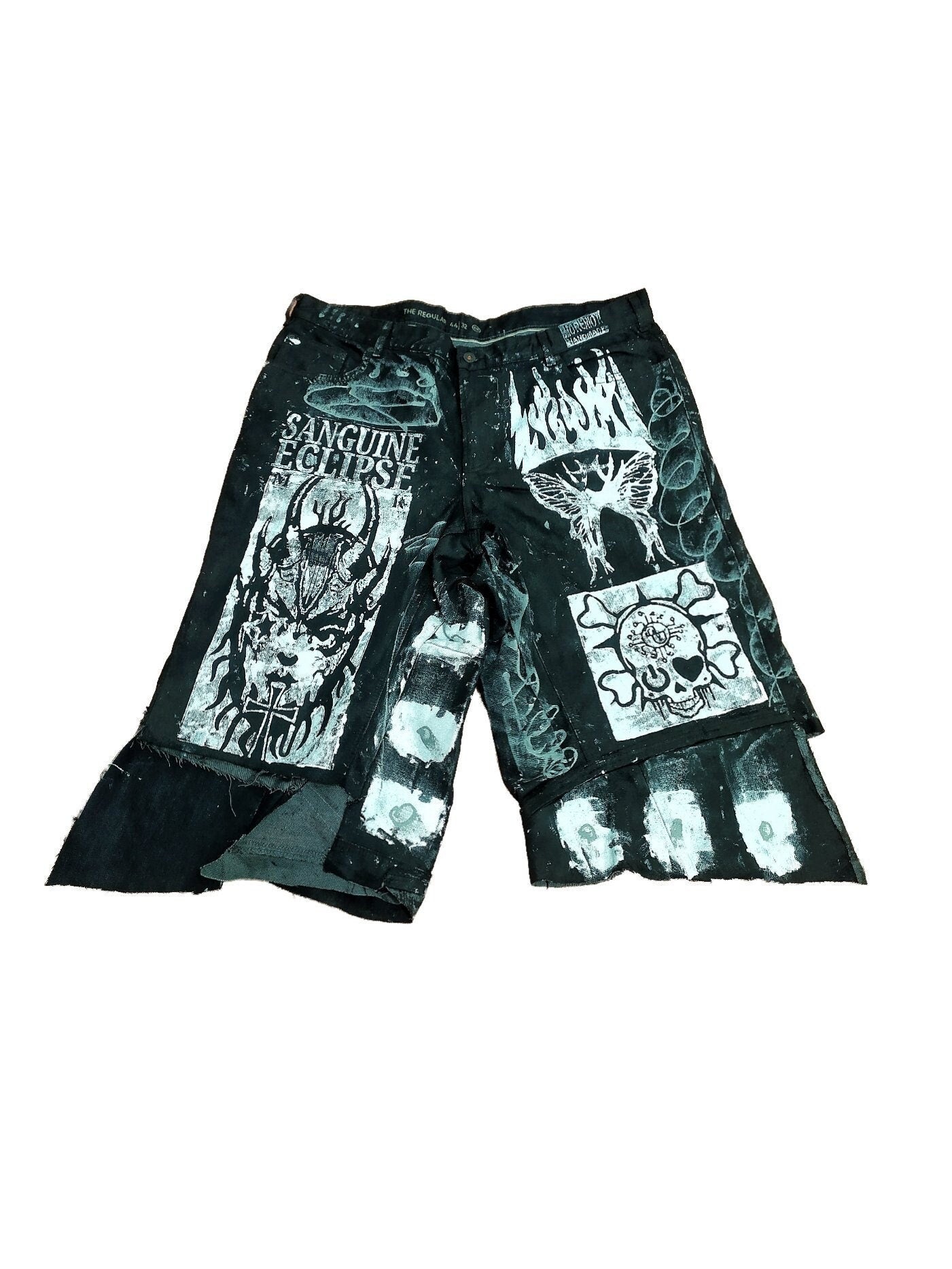 42" Baggy Unique Shorts Handmade Custom punk rock goth emo metal cyber dark tribal symbol graphic cool rave fantasy festival jeans jorts