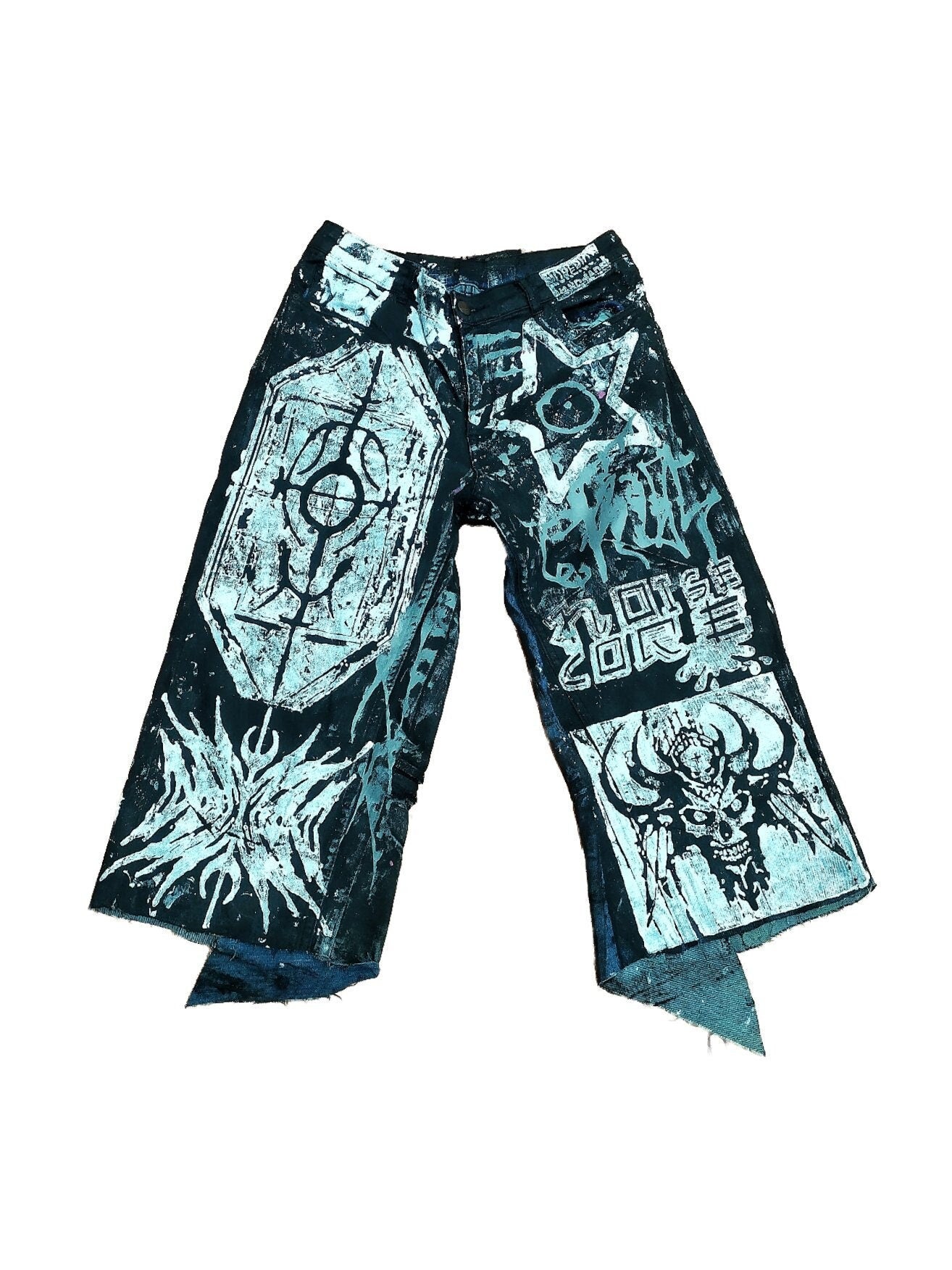 26" Baggy Unique Shorts Handmade Custom punk rock goth emo metal cyber dark tribal symbol graphic cool rave fantasy festival jeans jorts