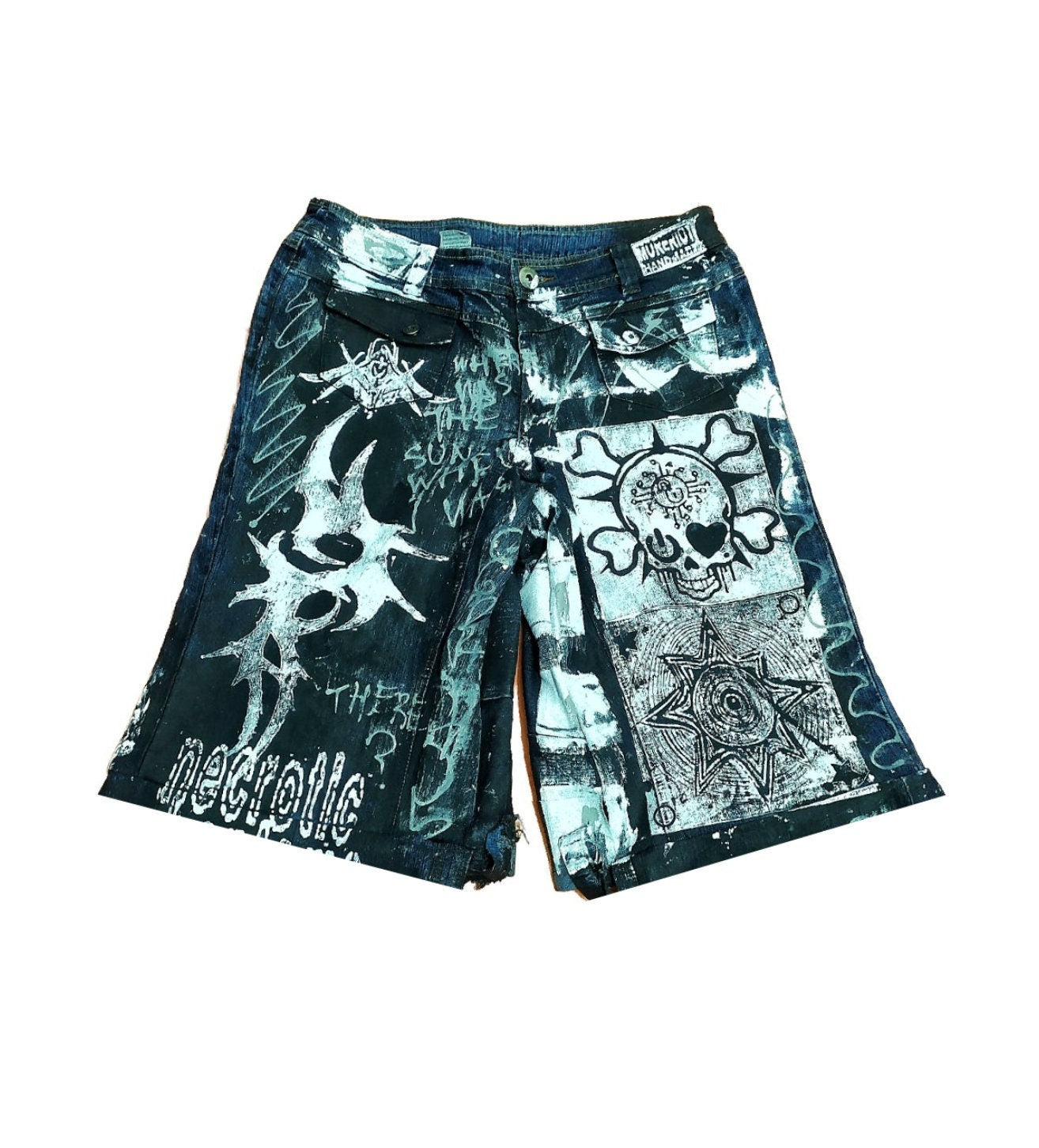 33" Baggy Unique Shorts Handmade Custom punk rock goth emo metal cyber dark tribal symbol graphic cool rave fantasy festival jeans jorts