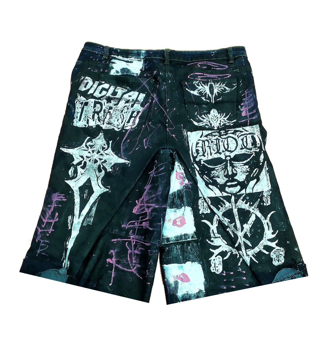 39" Baggy Unique Shorts Handmade Custom punk rock goth emo metal cyber dark tribal symbol graphic cool rave fantasy festival jeans jorts