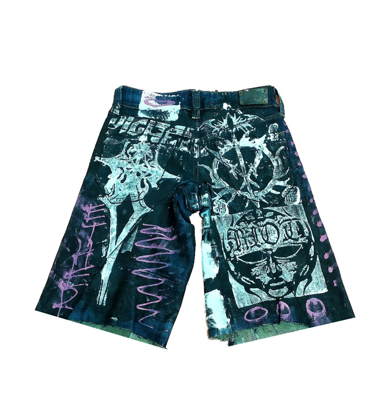 29" Baggy Unique Shorts Handmade Custom punk rock goth emo metal cyber dark tribal symbol graphic cool rave fantasy festival jeans jorts