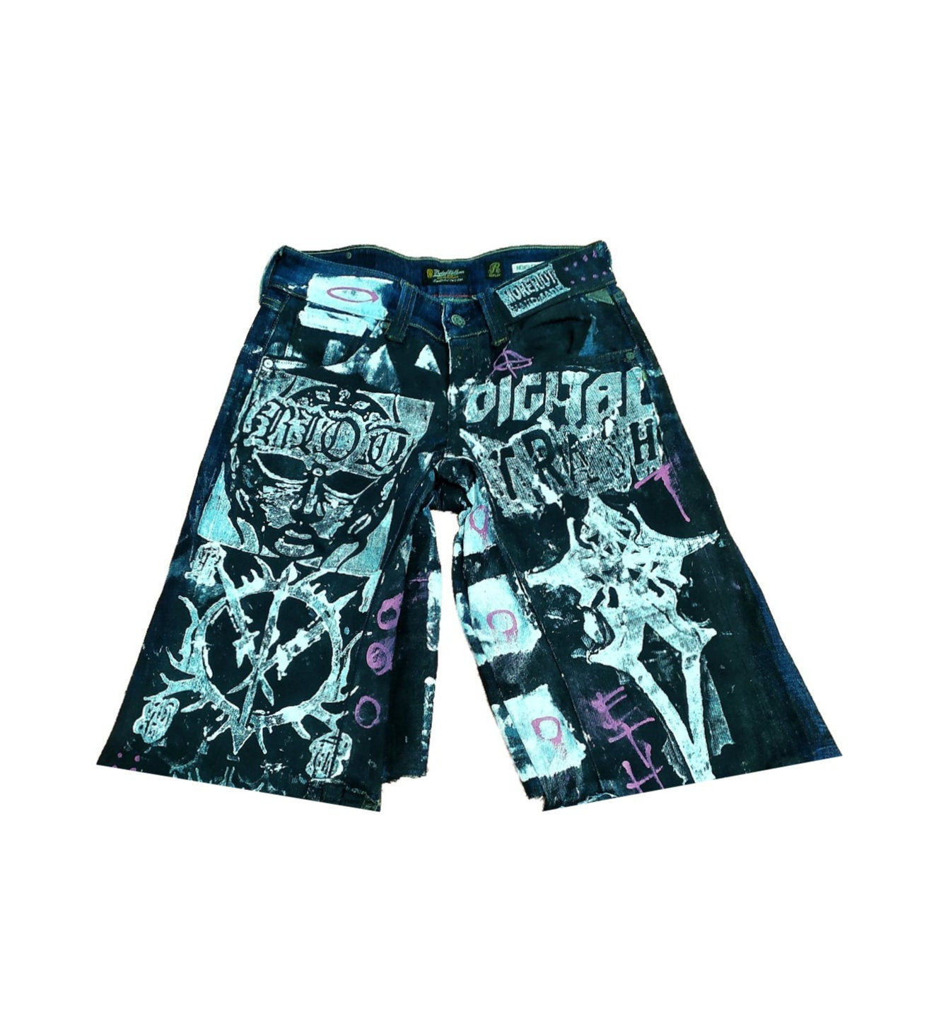 29" Baggy Unique Shorts Handmade Custom punk rock goth emo metal cyber dark tribal symbol graphic cool rave fantasy festival jeans jorts