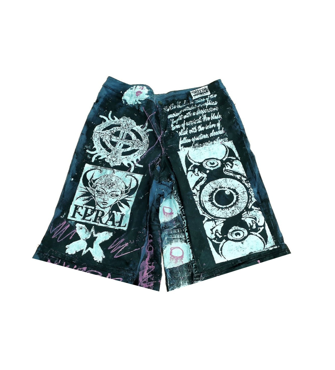 35" Baggy Unique Shorts Handmade Custom punk rock goth emo metal cyber dark tribal symbol graphic cool rave fantasy festival jeans jorts