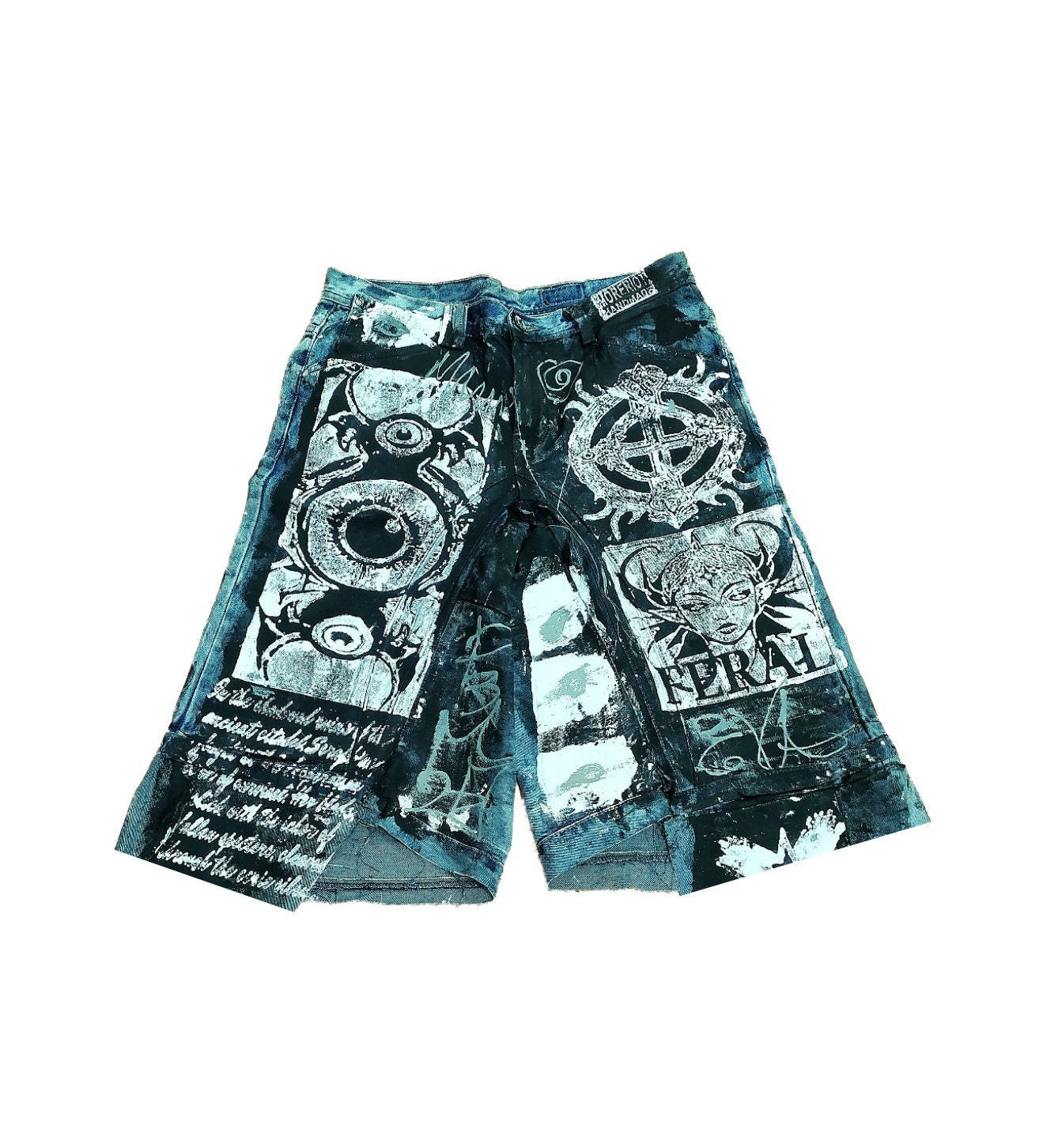 35" Baggy Unique Shorts Handmade Custom punk rock goth emo metal cyber dark tribal symbol graphic cool rave fantasy festival jeans jorts