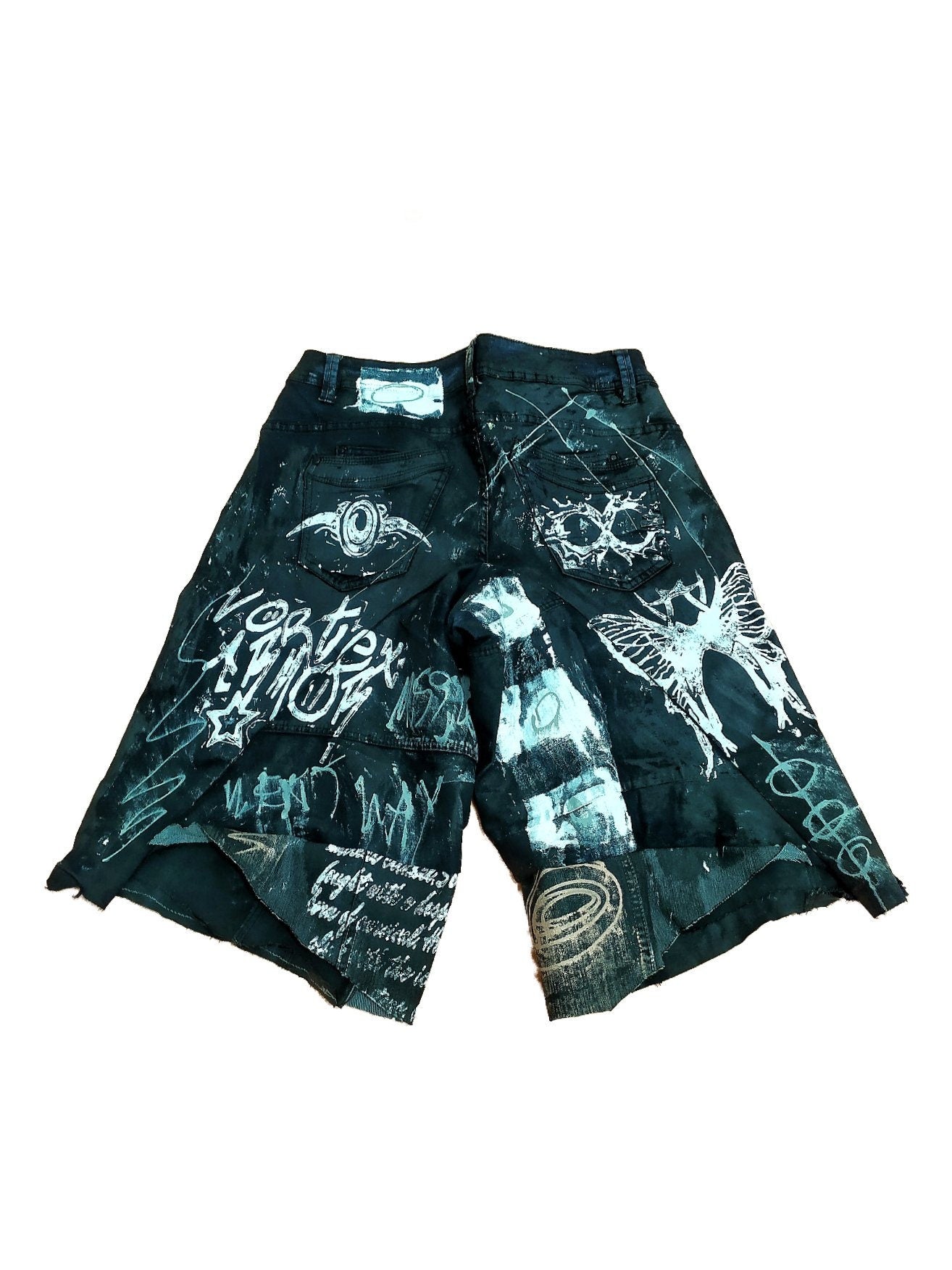 33" Baggy Unique Shorts Handmade Custom punk rock goth emo metal cyber dark tribal symbol graphic cool rave fantasy festival jeans jorts