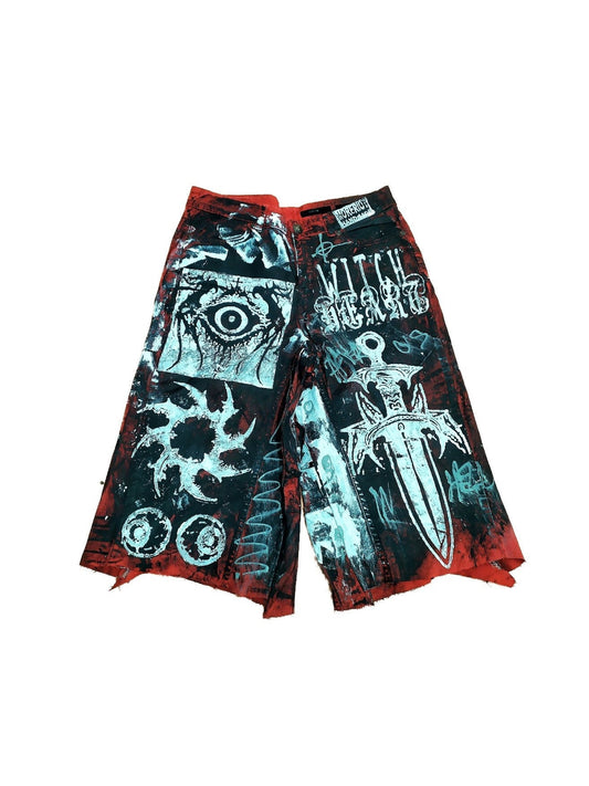 26" Baggy Unique Shorts Handmade Custom punk rock goth emo metal cyber dark tribal symbol graphic cool rave fantasy festival jeans jorts