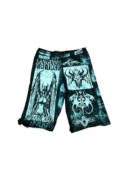 30" Baggy Unique Shorts Handmade Custom punk rock goth emo metal cyber dark tribal symbol graphic cool rave fantasy festival jeans jorts