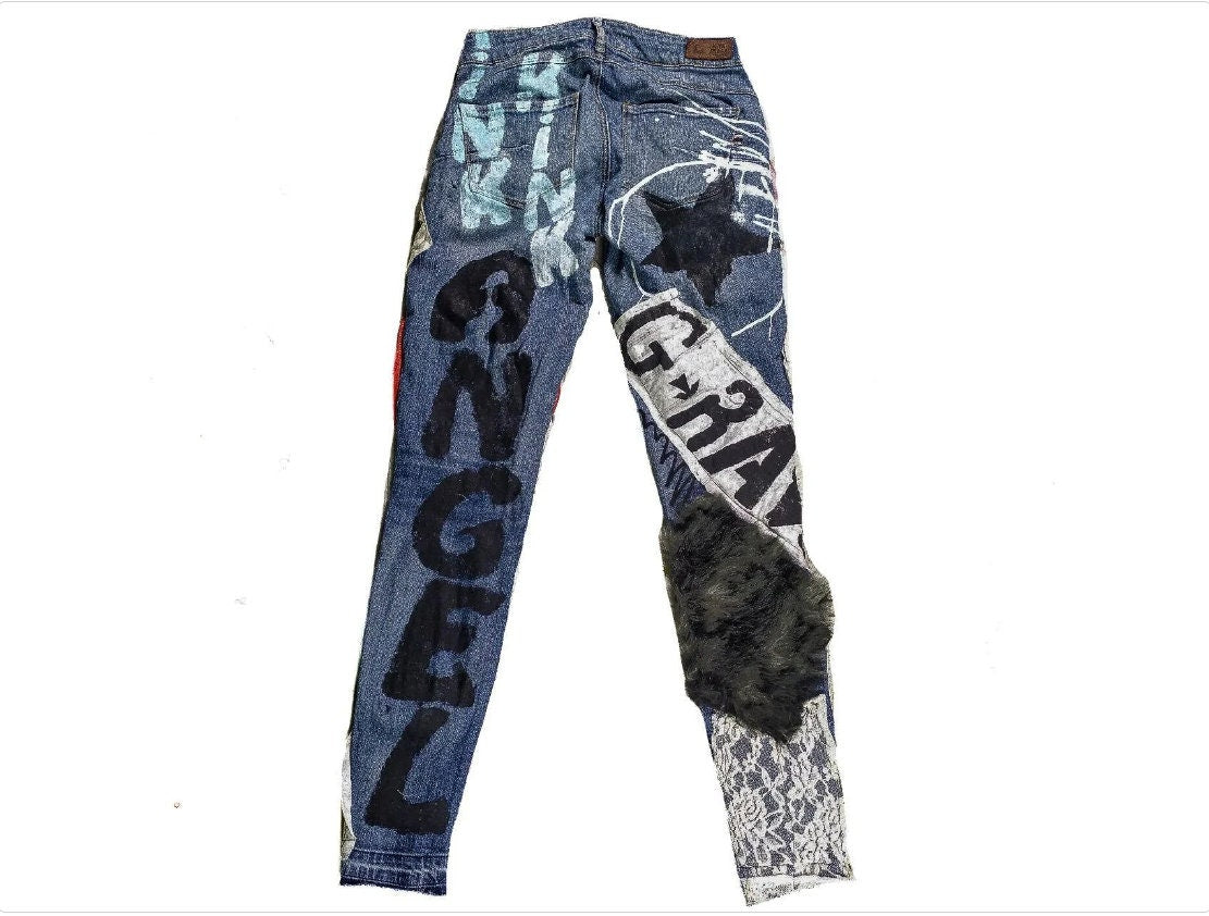 27" Unique Handmade Jeans Custom scene rave punk rock goth emo metal cyberpunk tribal symbol graphic print crust cool fantasy festival y2k